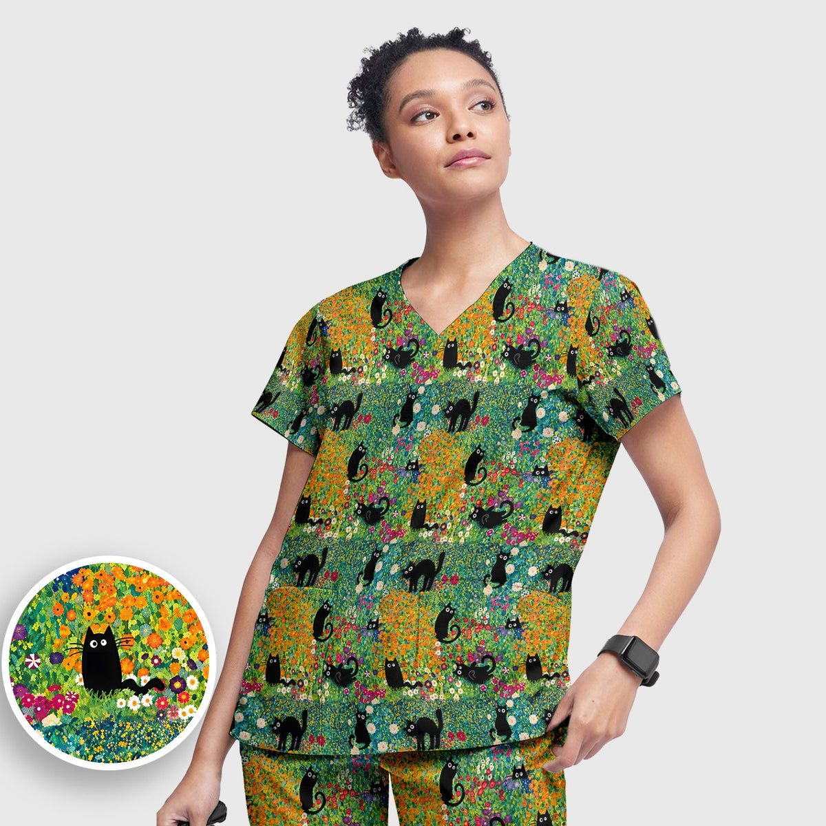 Black Cat Flower Garden Nurse Scrub Set