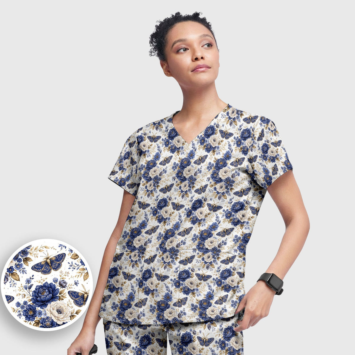 Cute Blue Floral Moth Nurse Scrub Set