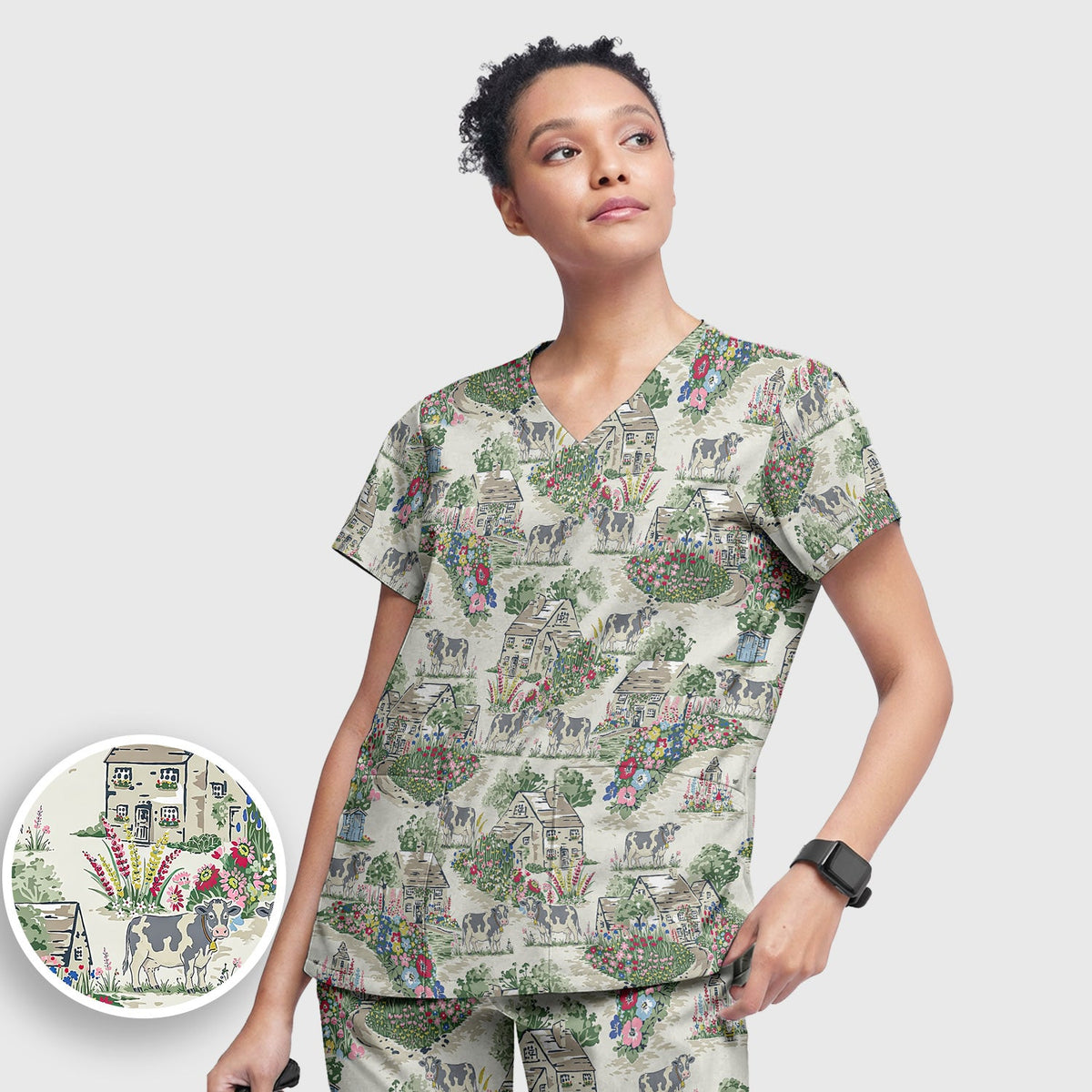 Countryside Cows Cottage Garden Nurse Scrub Set