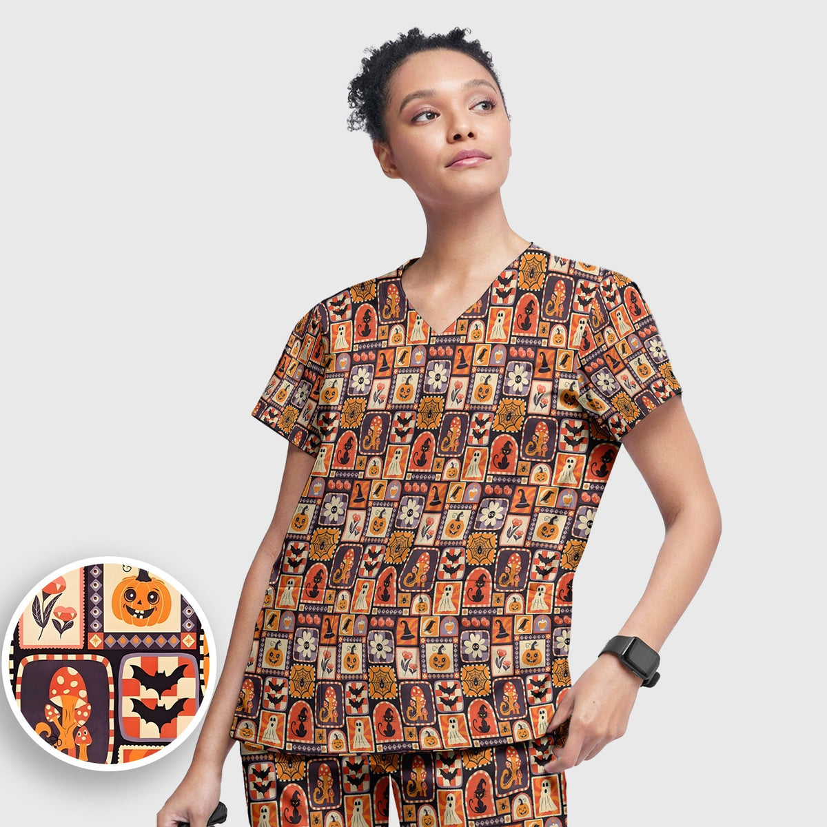 Retro Halloween Patchwork Nurse Scrub Set
