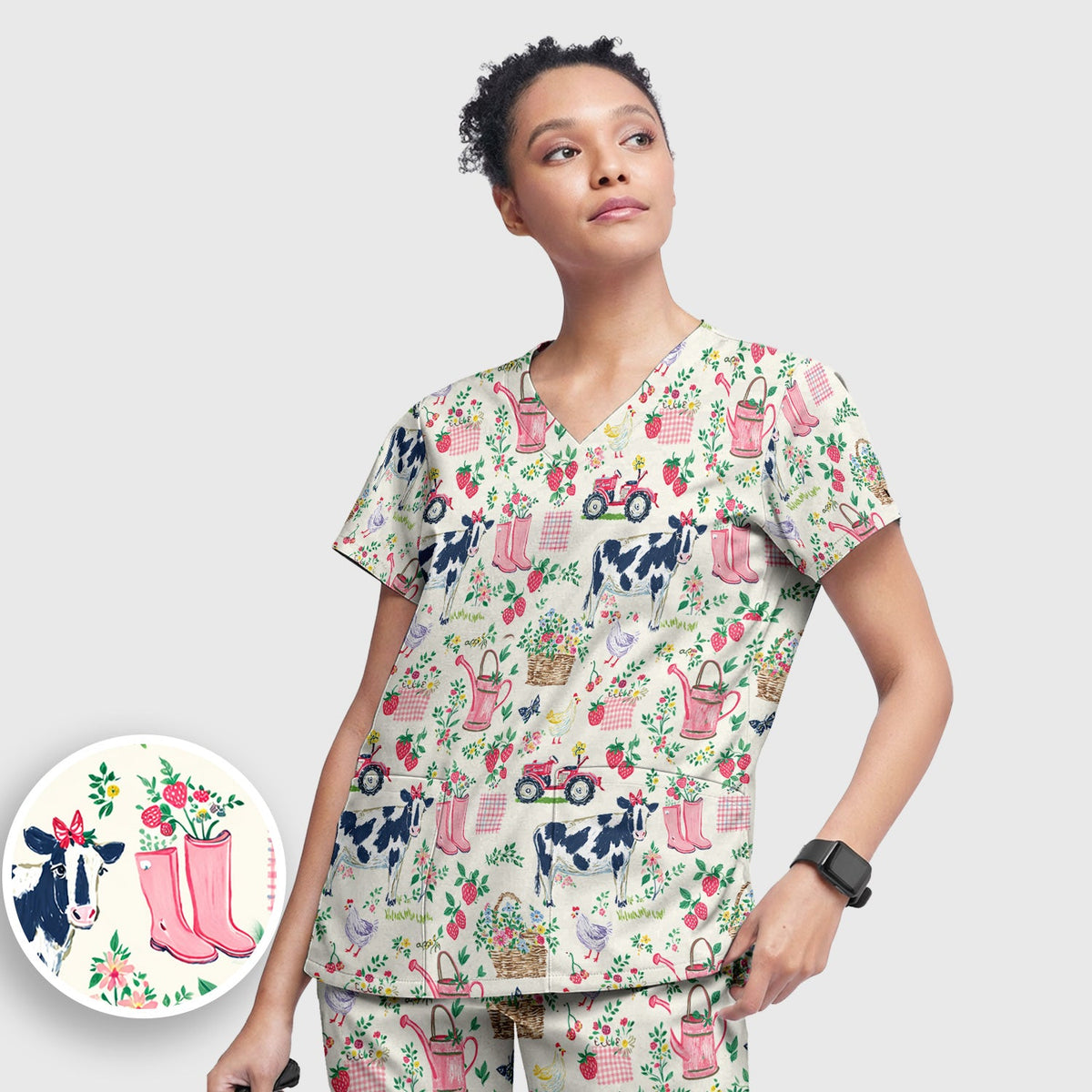 Strawberry Cow Country Style Scrub Top, Comfortable Scrubs for Nurses
