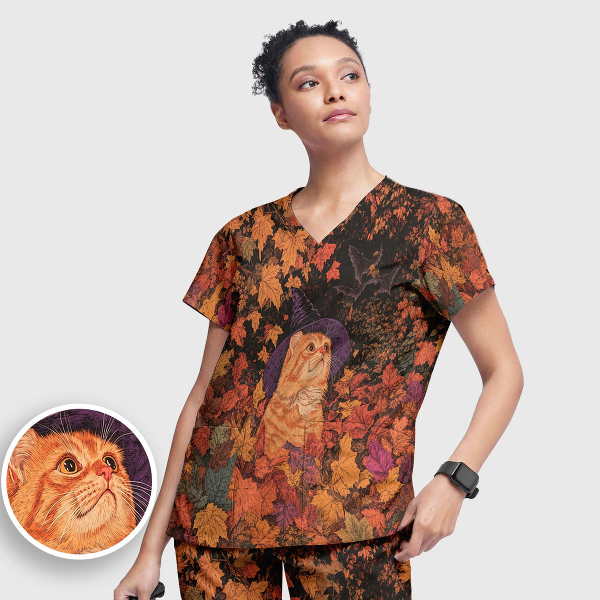 Autumn Cat Fall Leaves Nurse Scrub Set