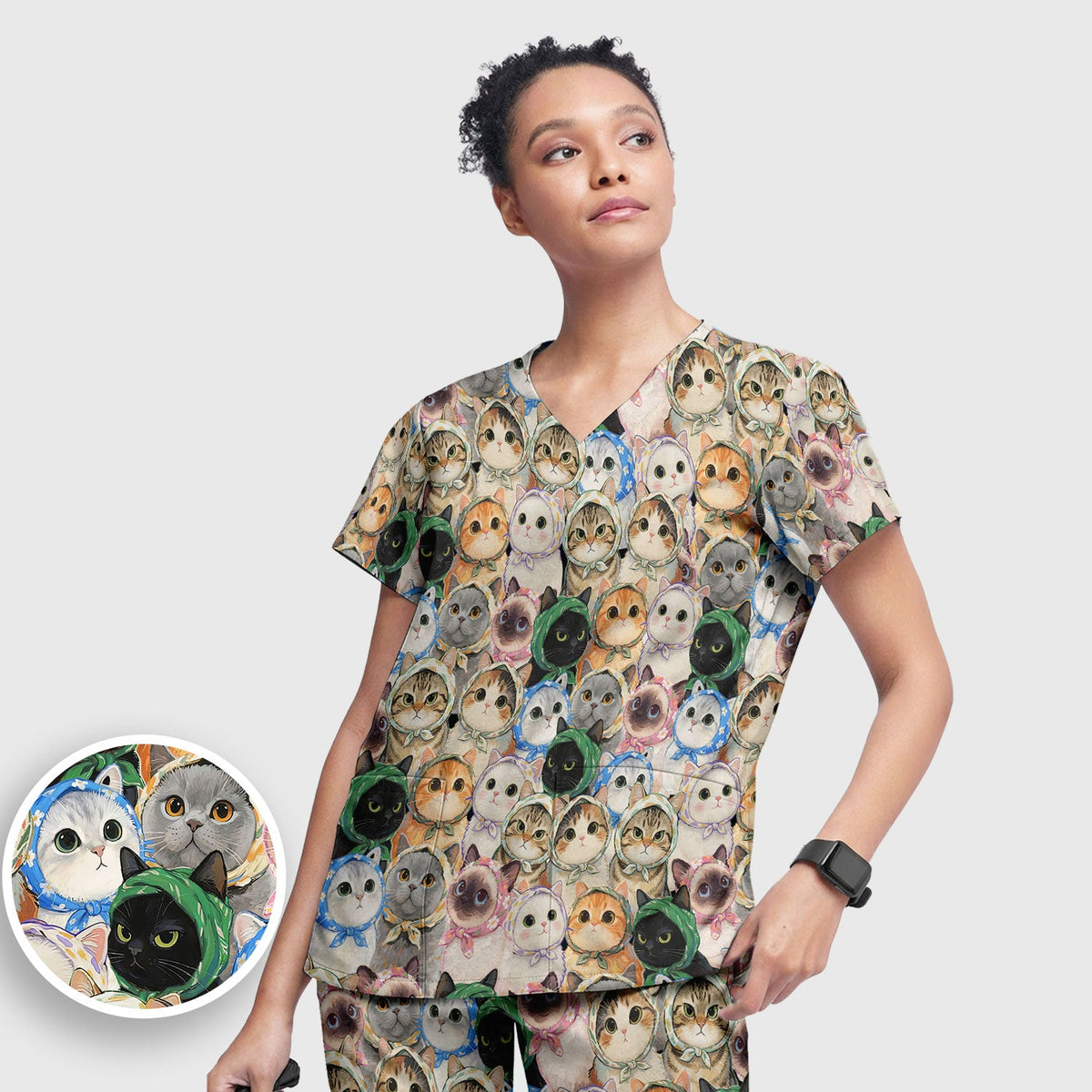 Adorable Multi Cat Portrait Nurse Scrub Set