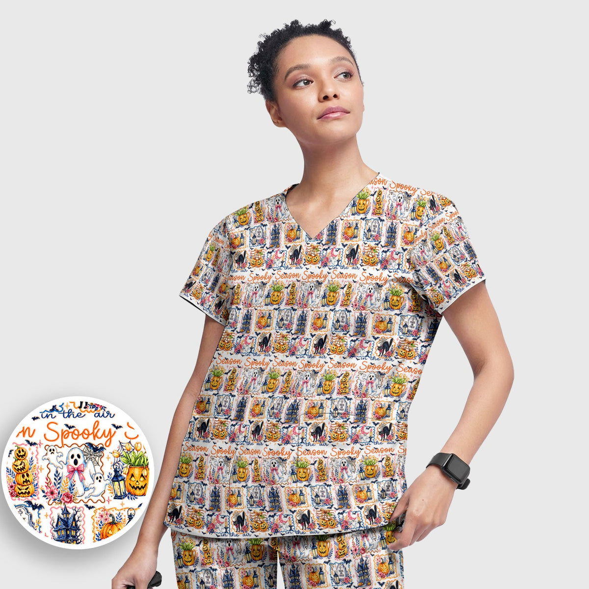 Spooky Pumpkin Ghost Pattern Nurse Scrub Set