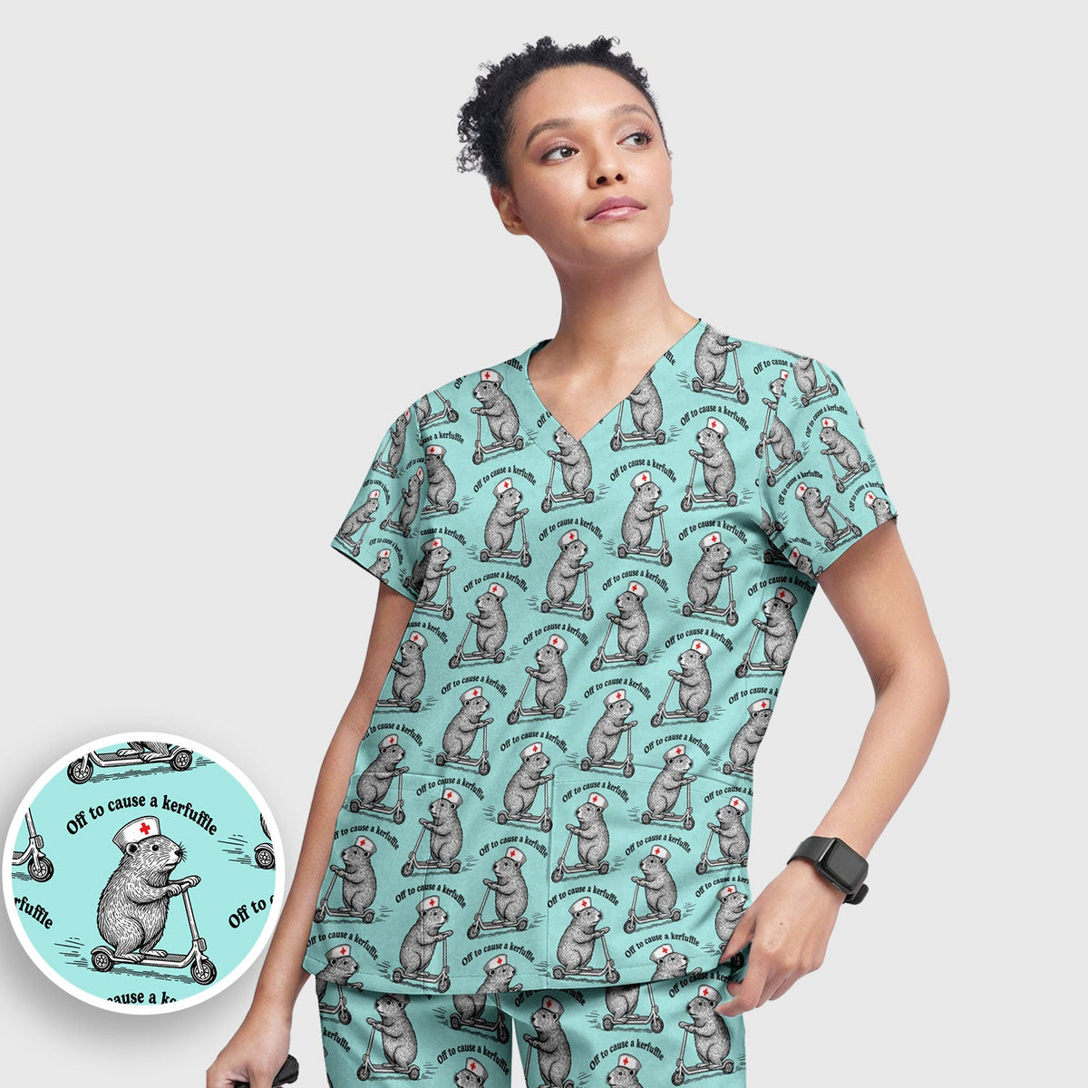 Funny Nurse Mouse Scooter Print Women's Scrub Set, Scrub Pants and V Neck Top