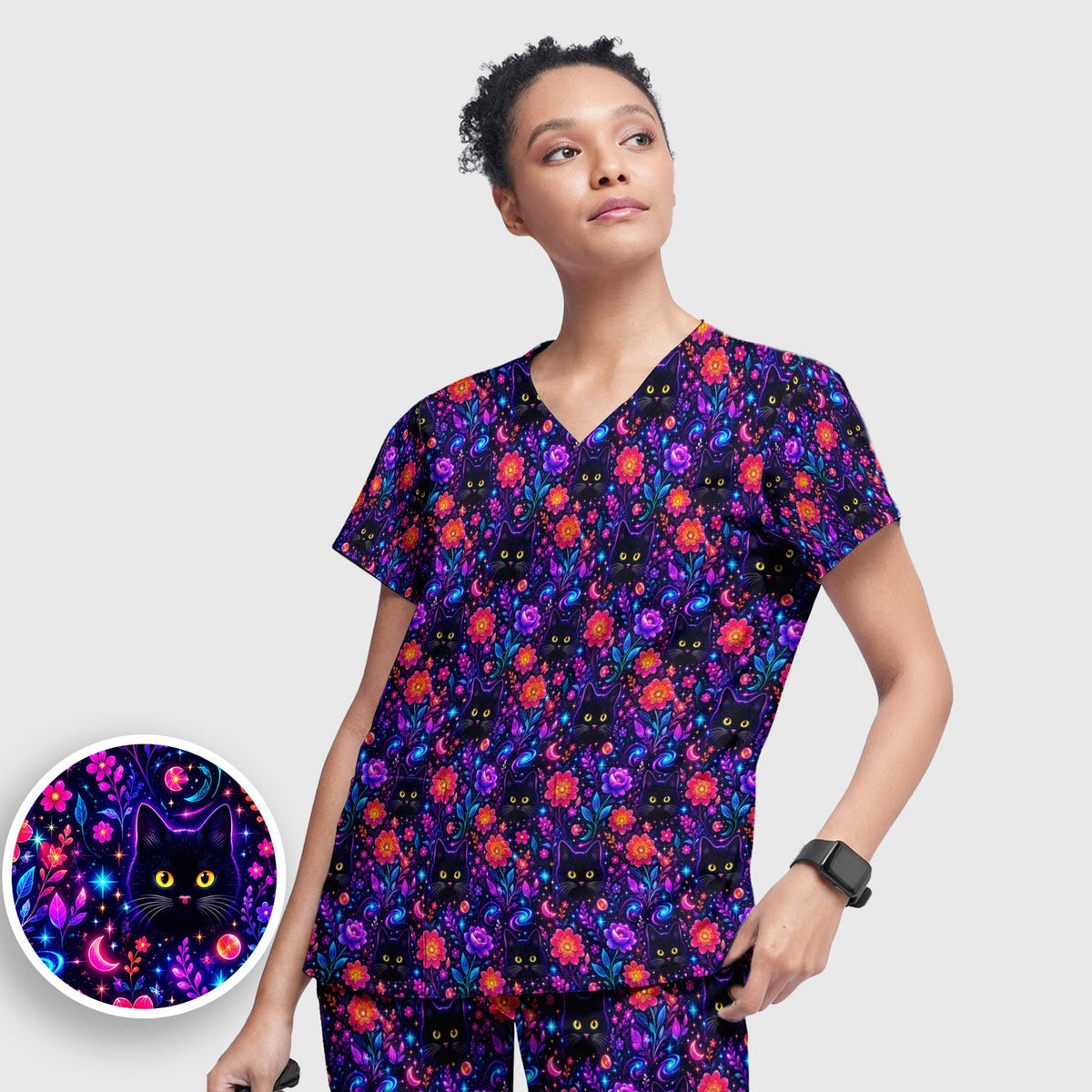 Galaxy Black Cat Floral Nurse Scrub Set