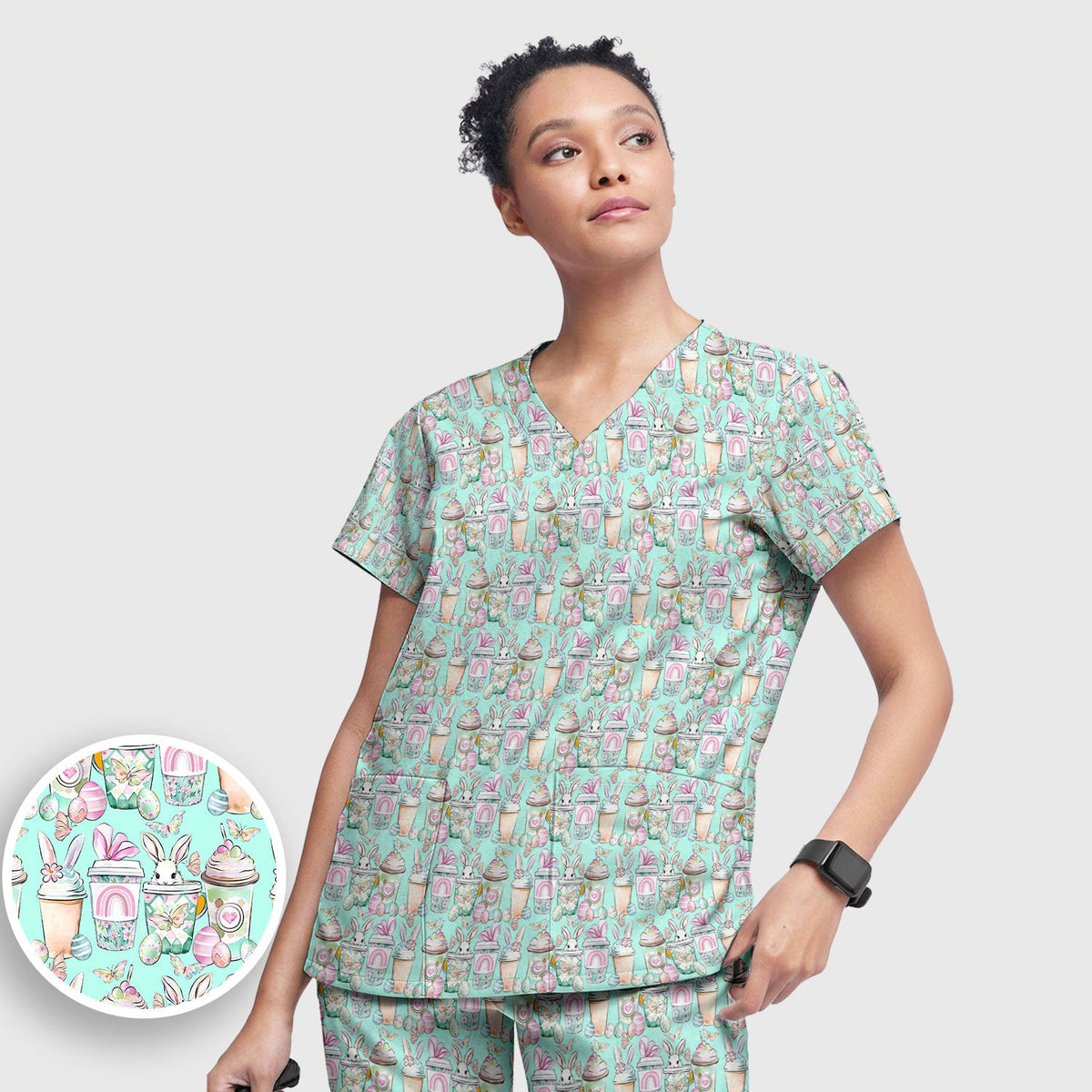 Bunny Coffee Cup Nurse Scrub Set - Easter Gift
