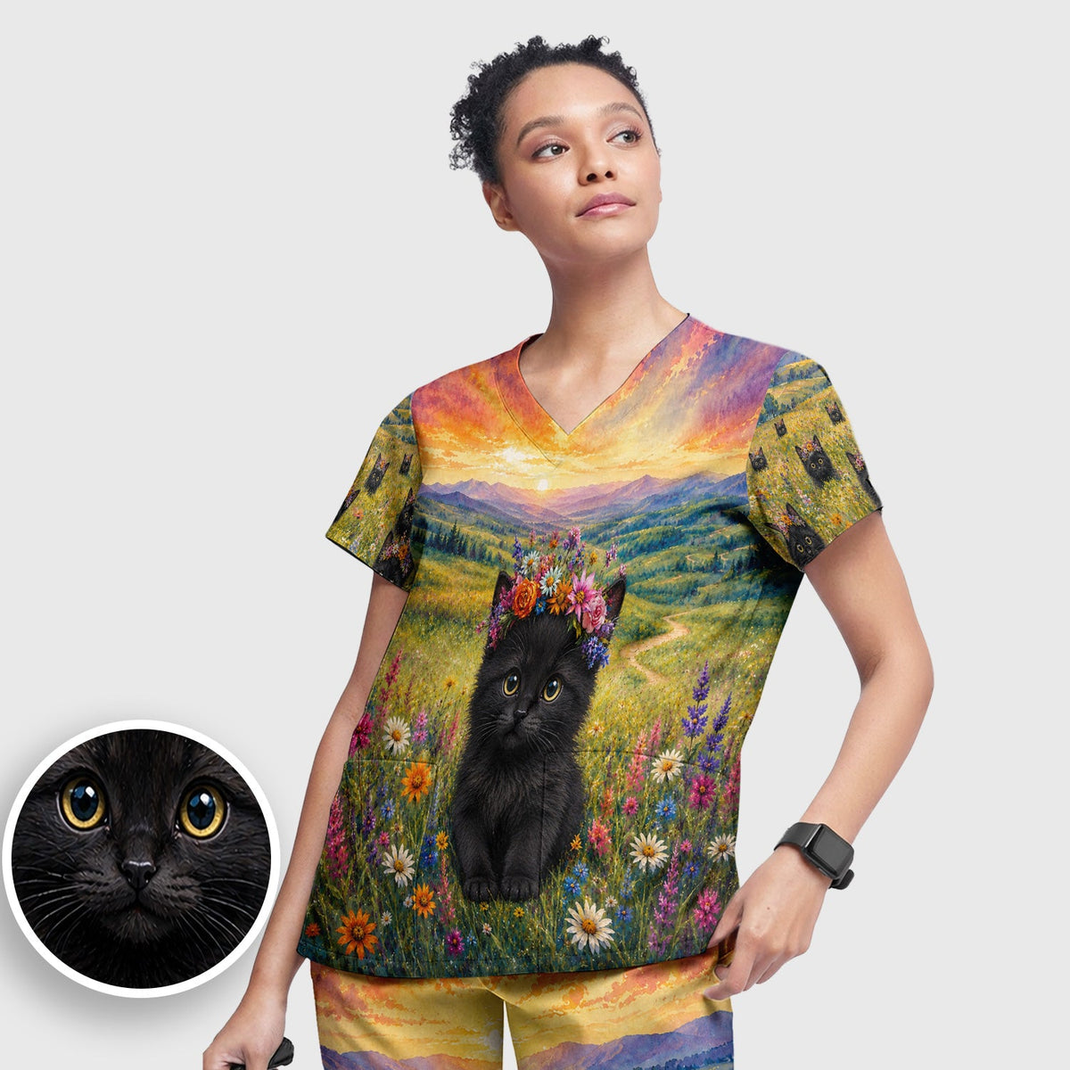 Black Kitten Flower Meadow Nurse Scrub Set