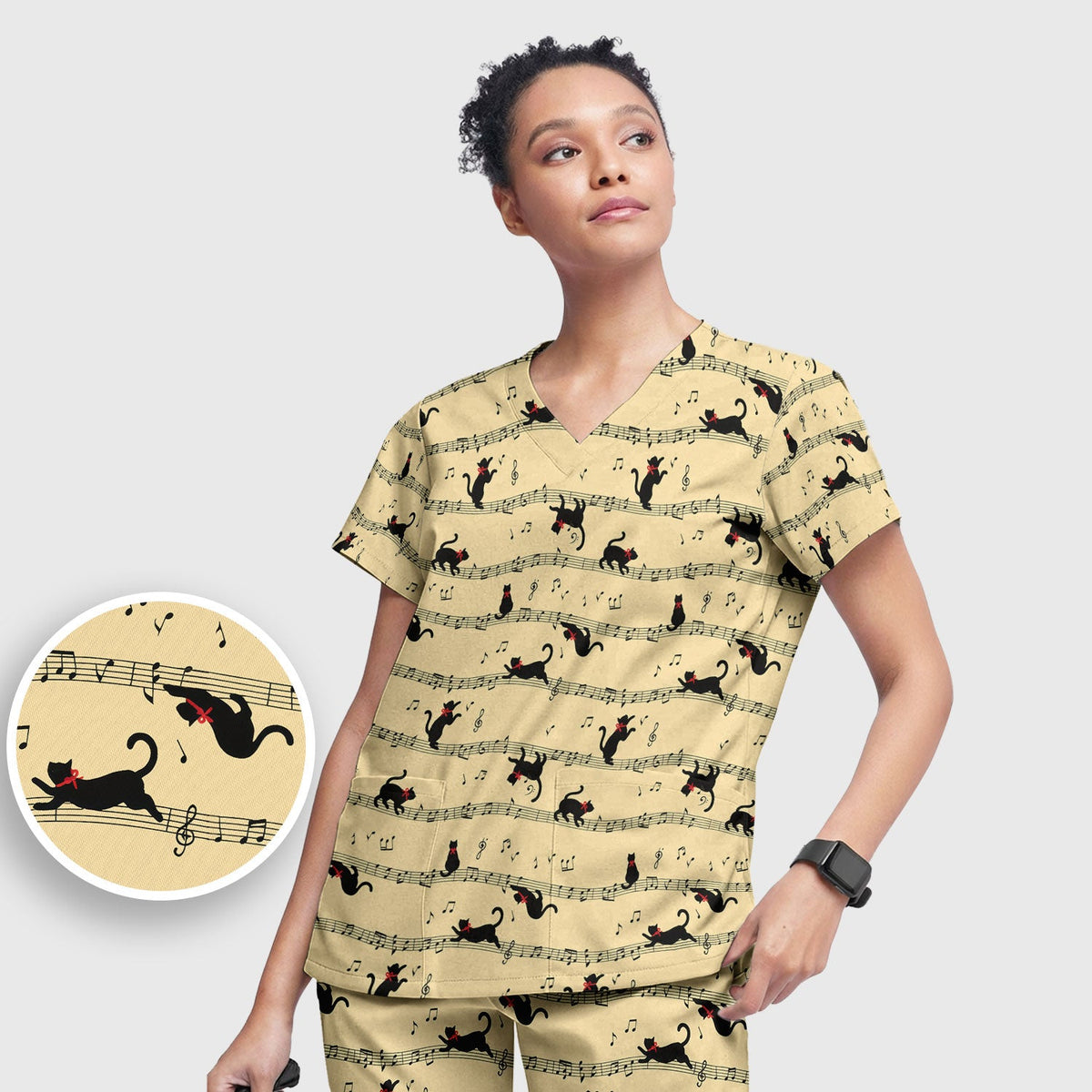 Dancing Black Cat Music Nurse Scrub Set