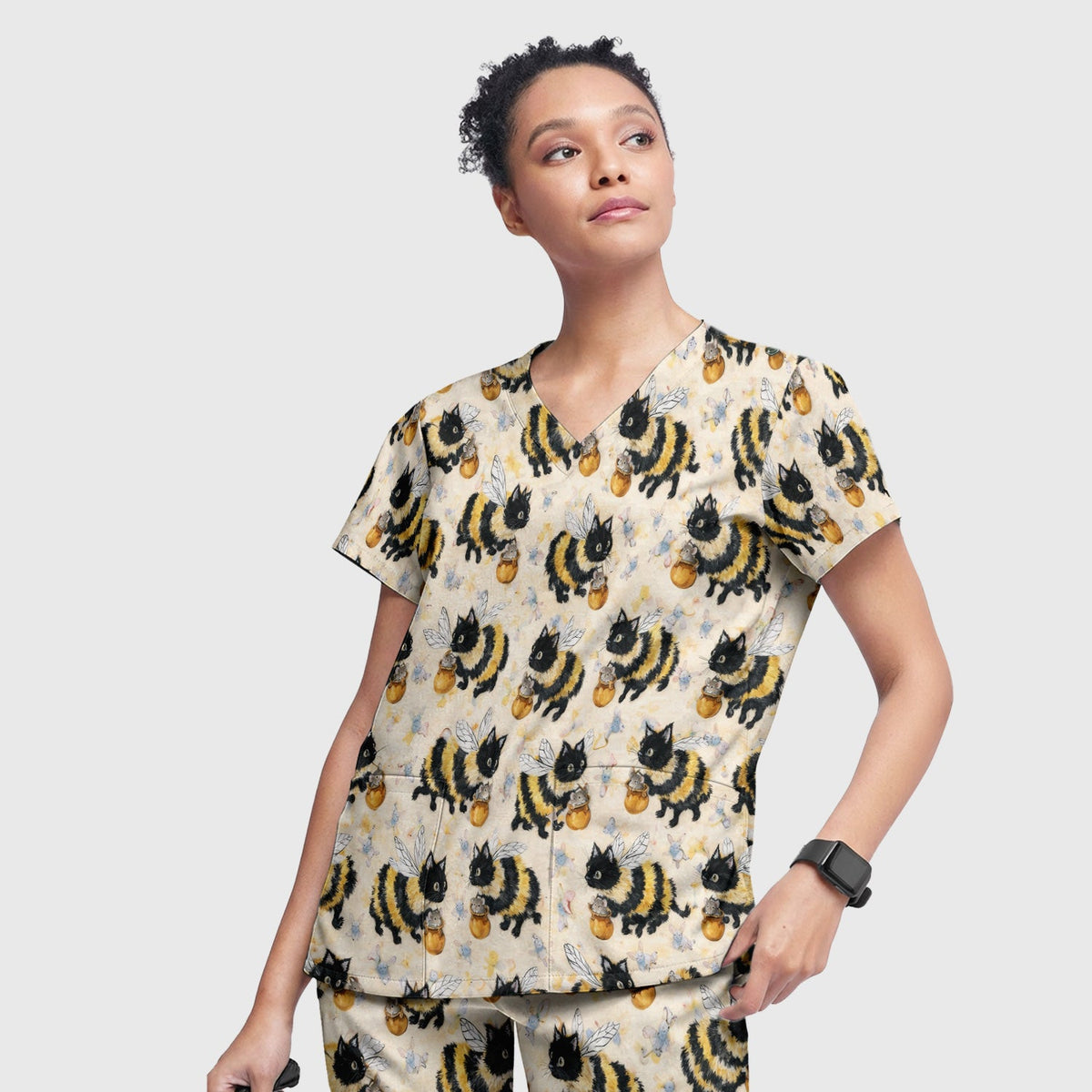 Adorable Bumblebee Cat Honey Jar Nurse Scrub Set