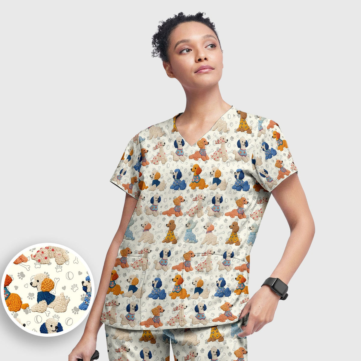 Cute Colorful Poodle Pattern Scrub Set, Scrub Pants and V Neck Top