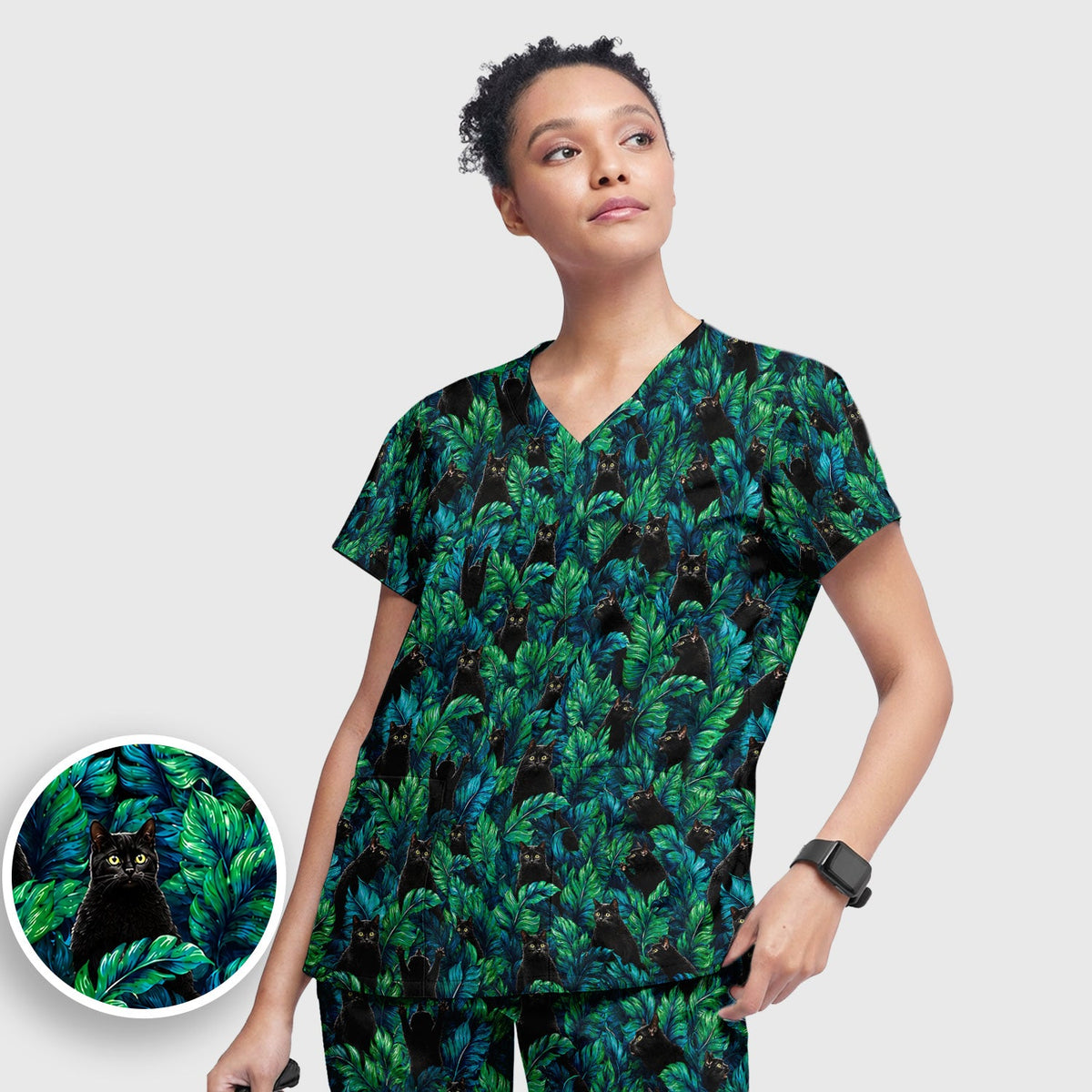 Black Cat Tropical Jungle Nurse Scrub Set