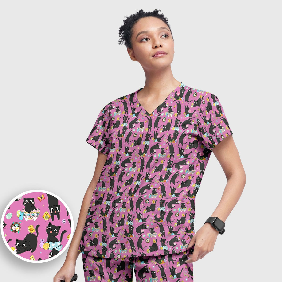 Black Cat Easter Egg Nurse Scrub Set
