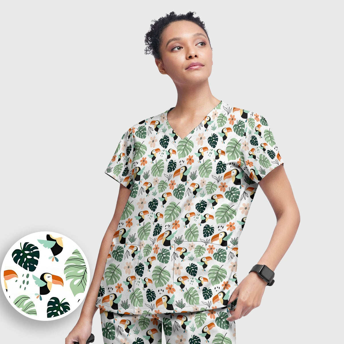 Tropical Toucan Leaf Floral Nurse Scrub Set