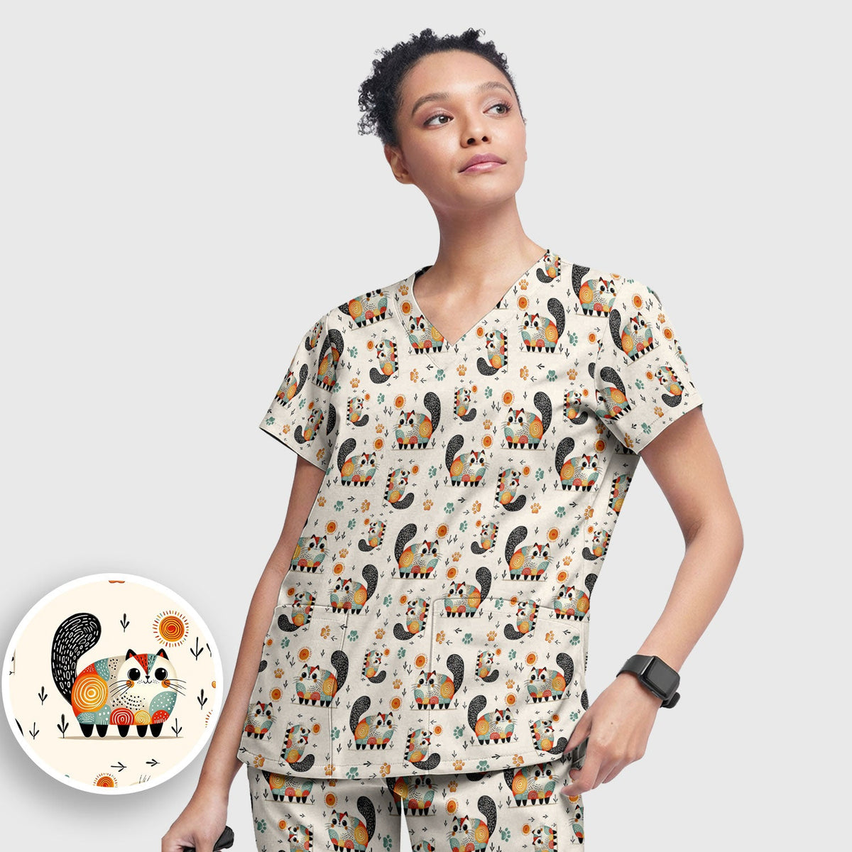 Cat Illustration Nurse Scrub Set