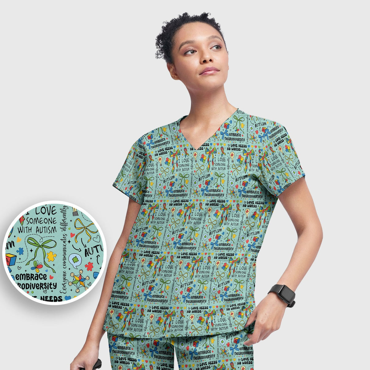 Autism Awareness Puzzle Ribbon Pastel Nurse Scrub Set