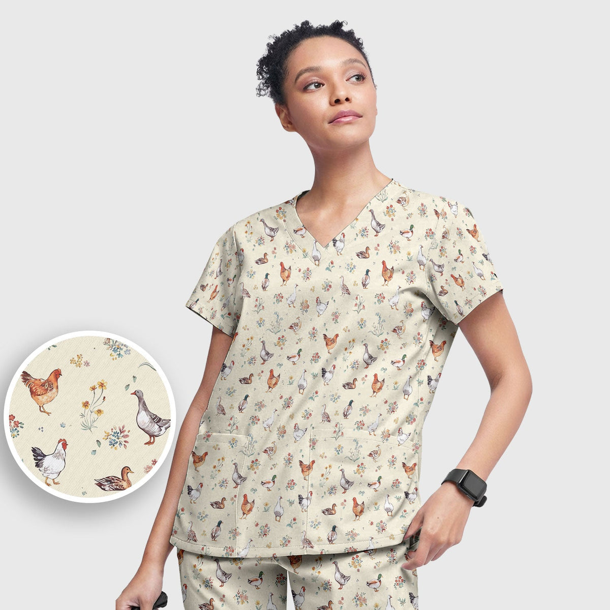 Farm Chicken Duck Floral Nurse Scrub Set