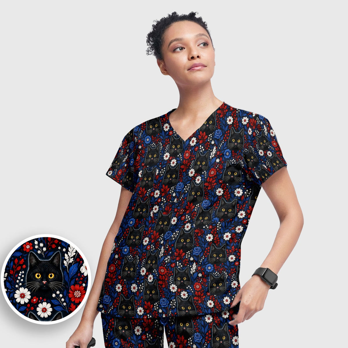 Black Cat Nurse Floral Scrub Set