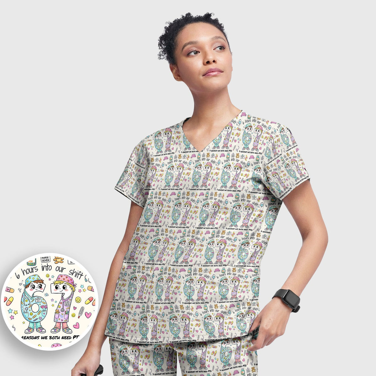 Six Hours Into Shift Beige Nurse Scrub Set