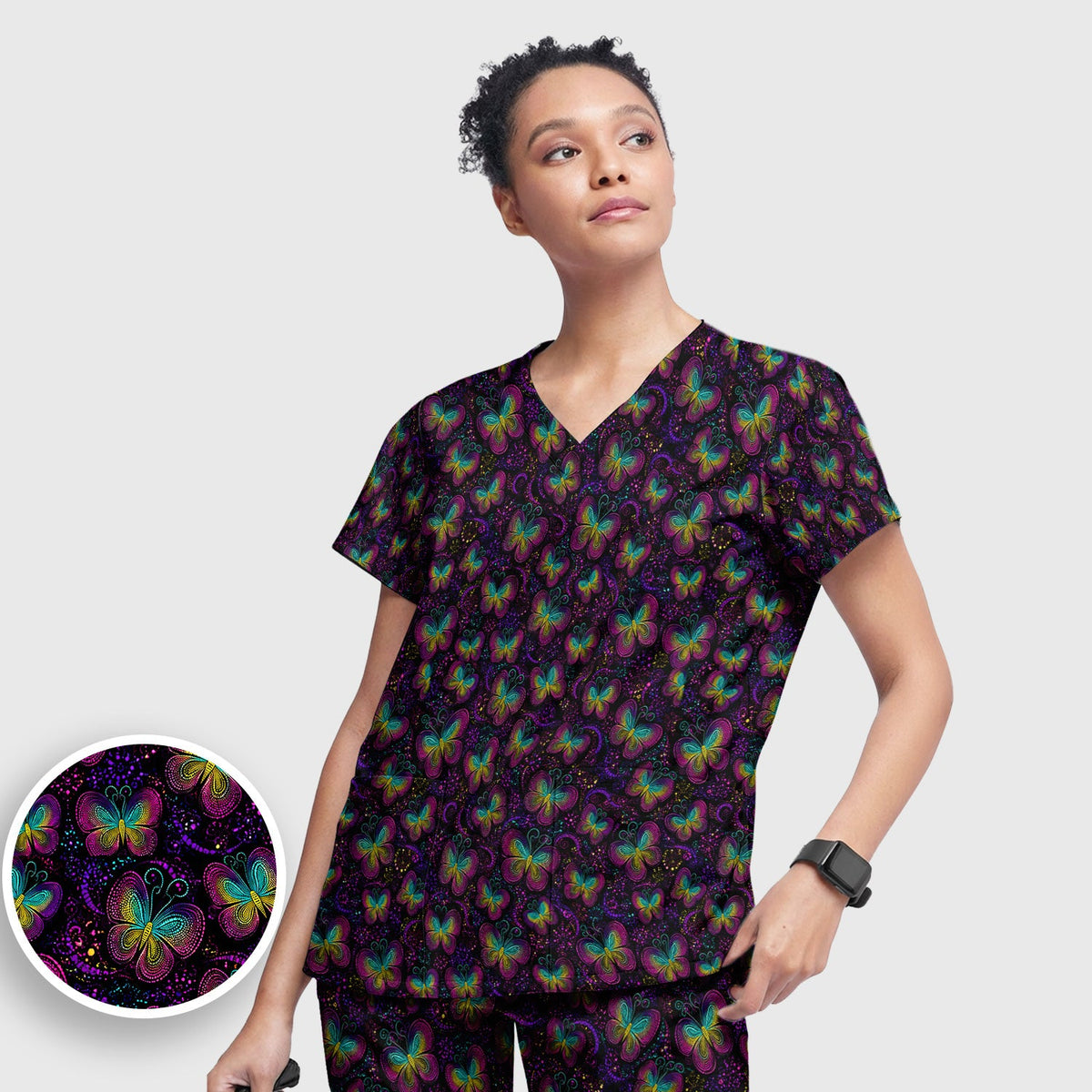 Neon Butterfly Swirl Nurse Scrub Set