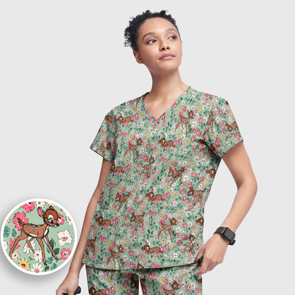 Cute Baby Deer Floral Nurse Scrub Set