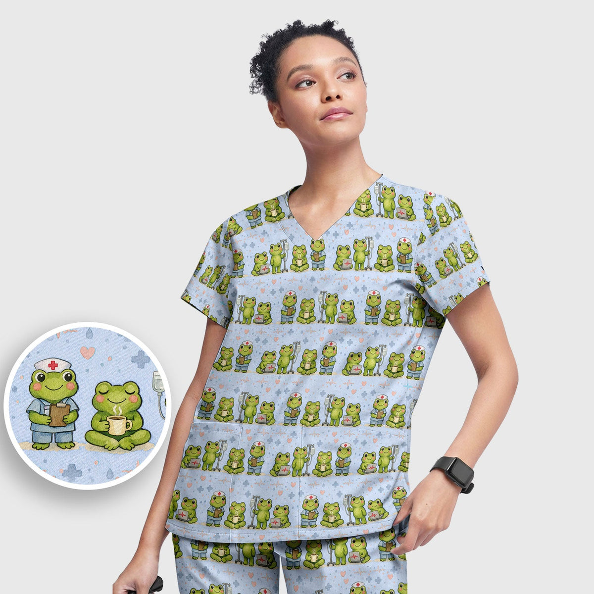 Adorable Frog Various Poses Nurse Scrub Set
