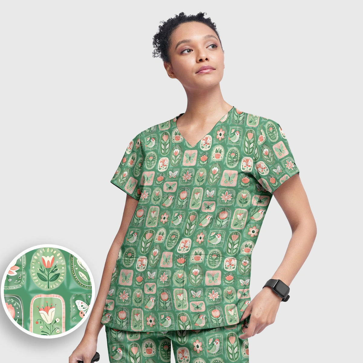 Folk Art Floral Bird Butterfly Garden Nurse Scrub Set