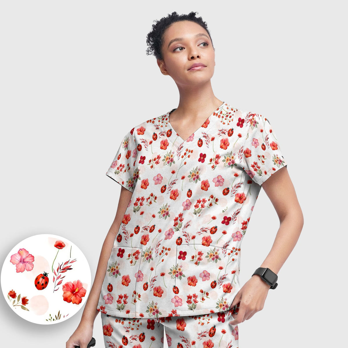 Red Ladybug Floral Garden Nurse Scrub Set