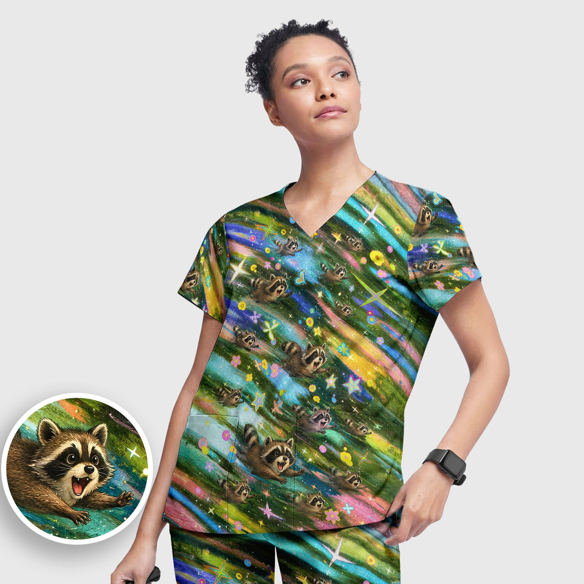 Raccoon Rainbow Dash Nurse Scrub Set