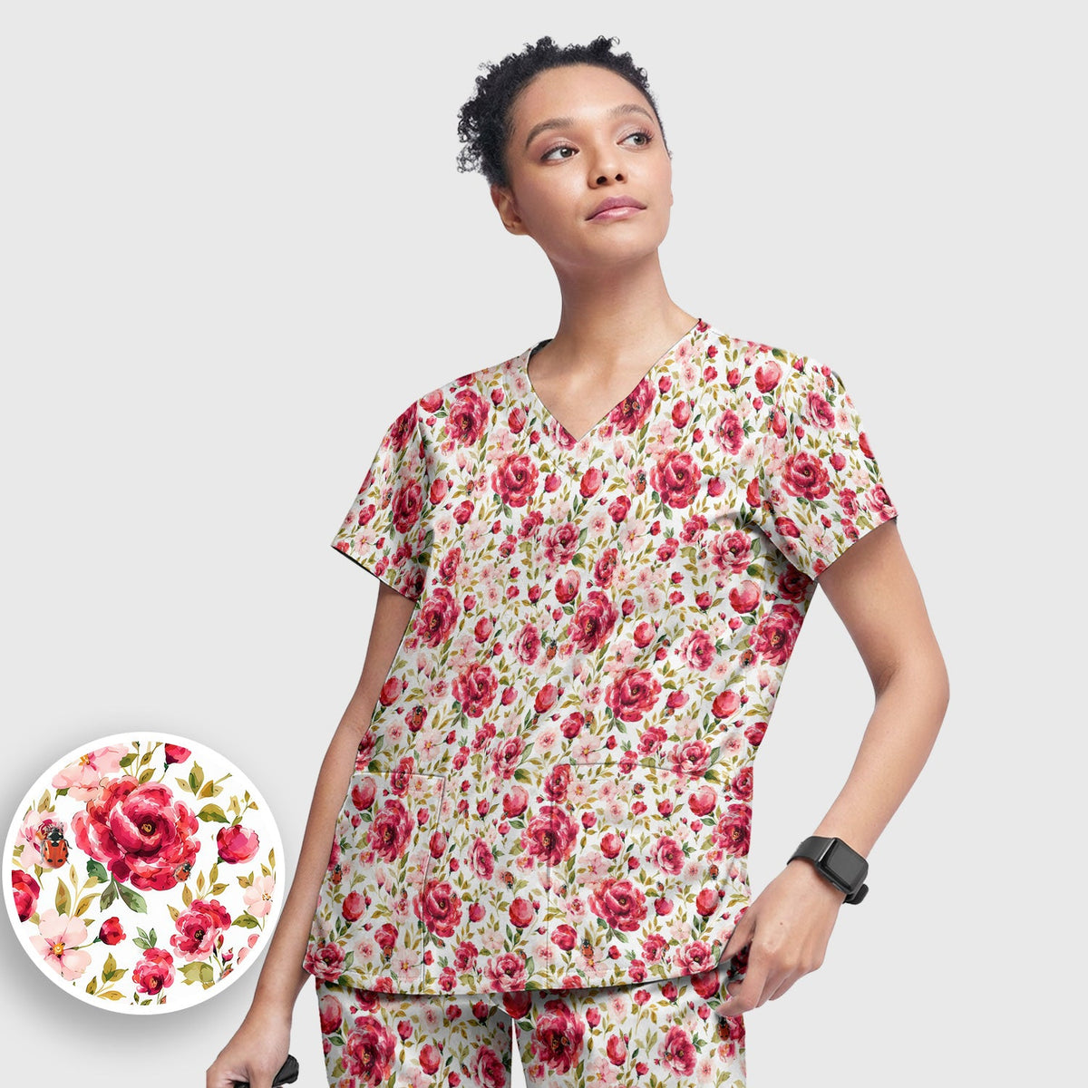 Pink Rose Ladybug Garden Nurse Scrub Set