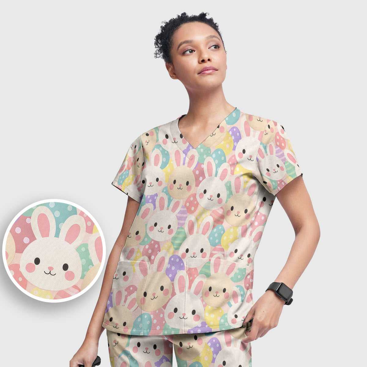 Pastel Bunny Easter Eggs Nurse Scrub Set