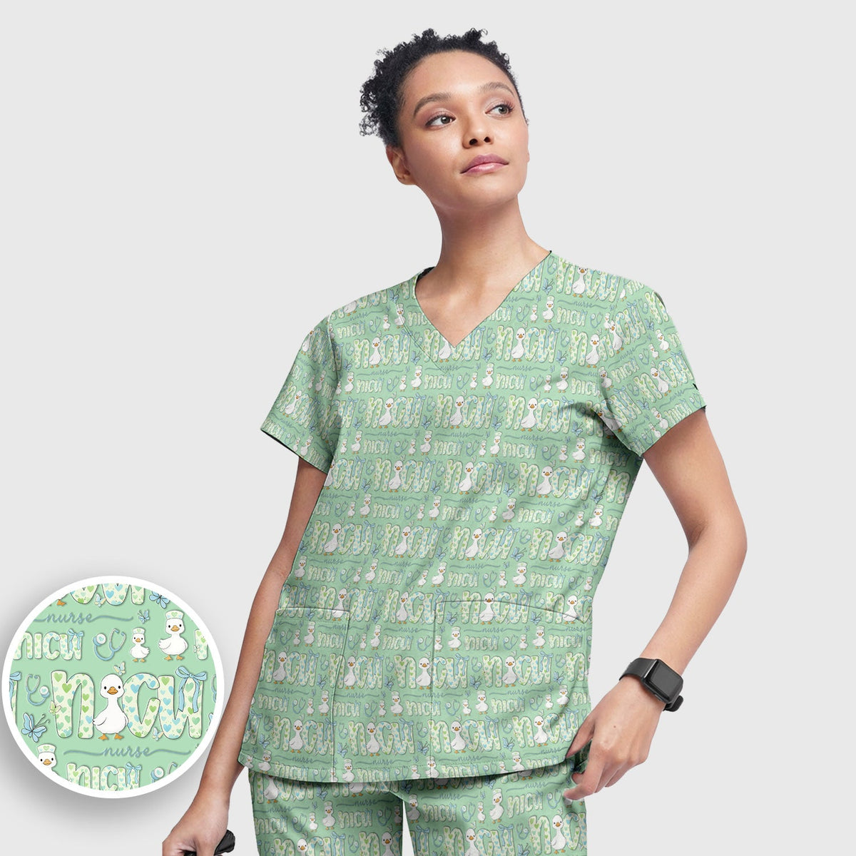 NICU Nurse Duck Pattern Scrub Set, Scrub Pants and V Neck Top