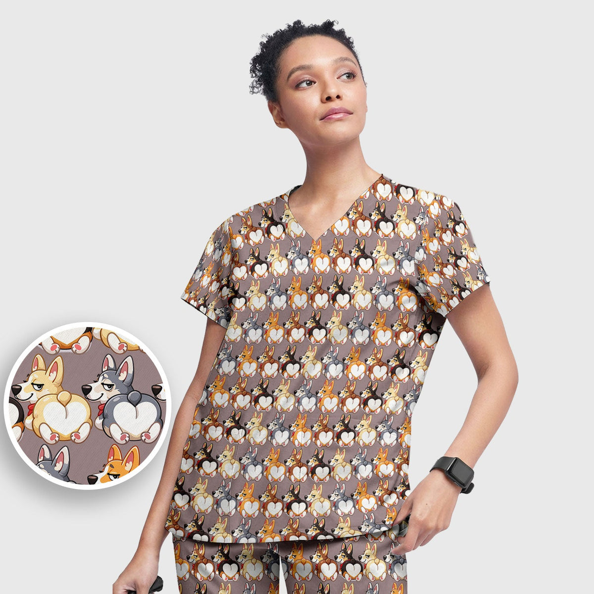 Corgi Cartoon Nurse Scrub Set