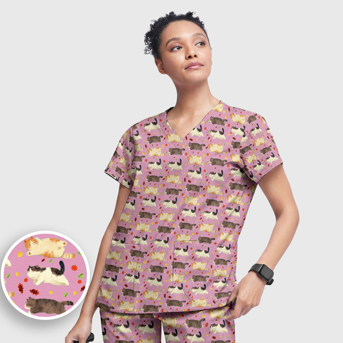 Chubby Cat Autumn Leaves Nurse Scrub Set