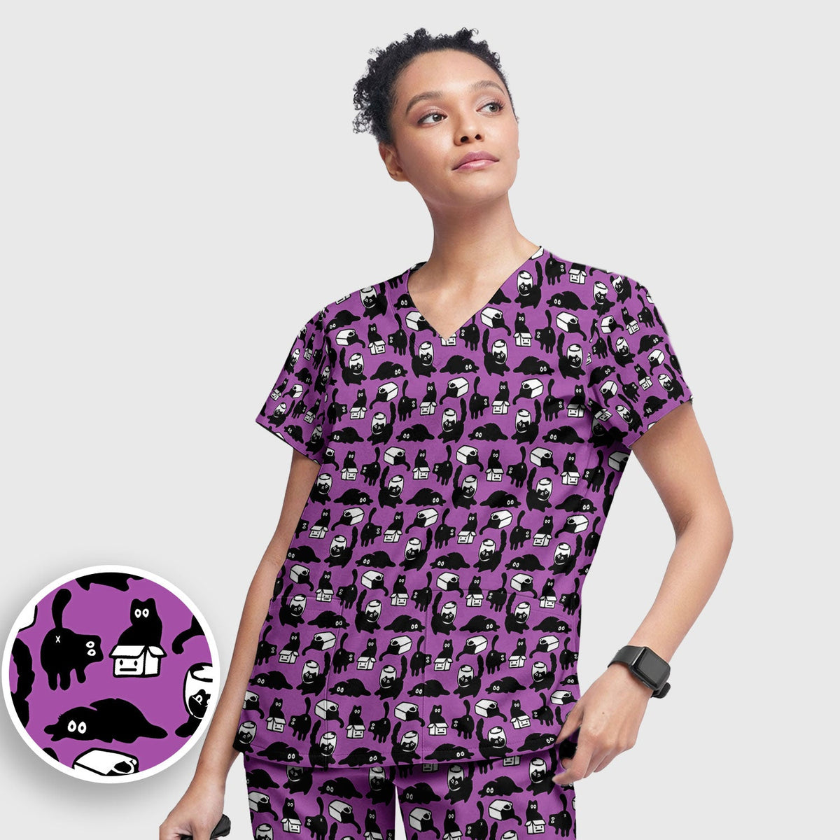 Dark Playful Cat Cartoon Pattern Scrub Set, Breathable Med Uniform