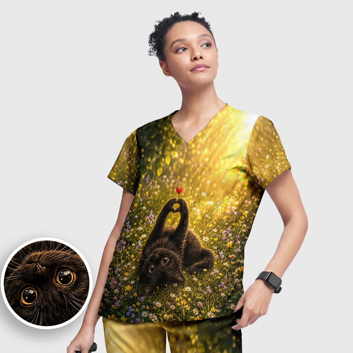 Upside Down Black Cat Meadow Nurse Scrub Set