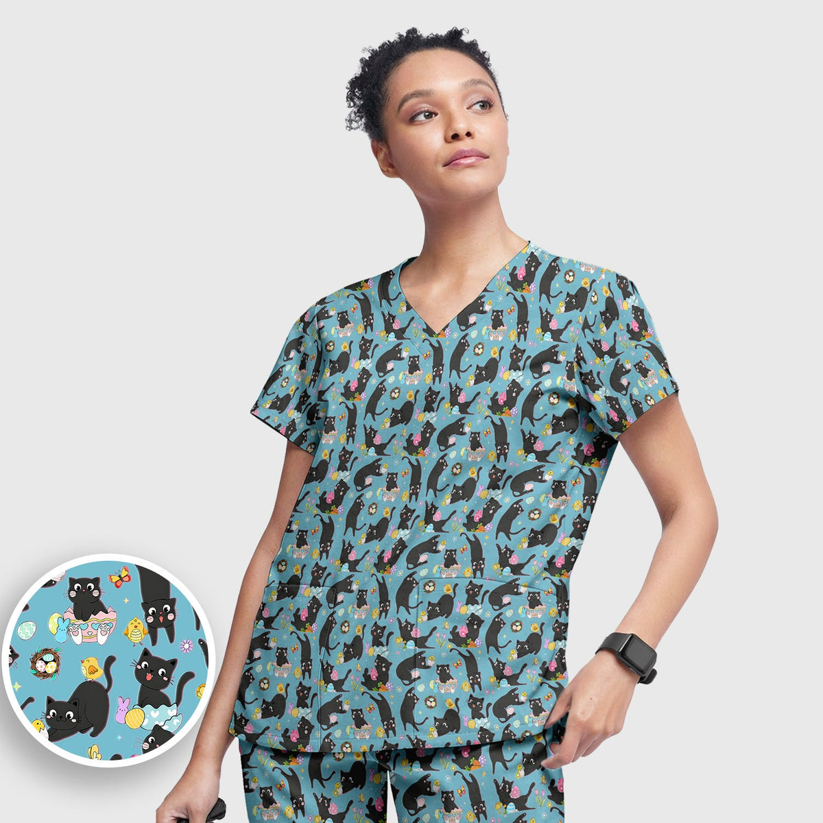 Black Cat Easter Egg Nurse Scrub Set
