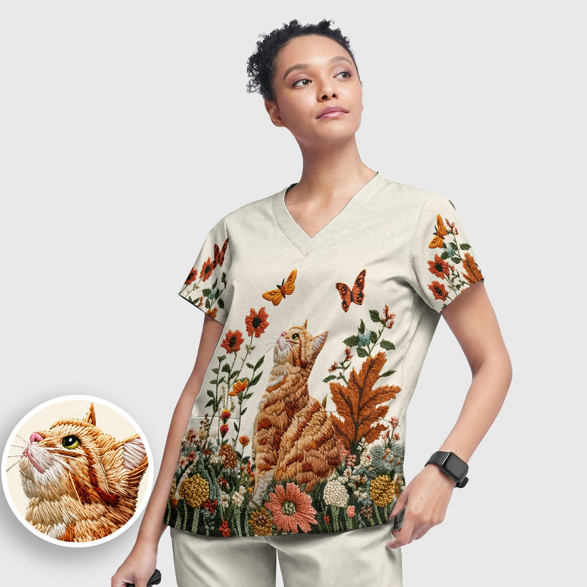 Orange Cat Wildflower Nurse Scrub Set