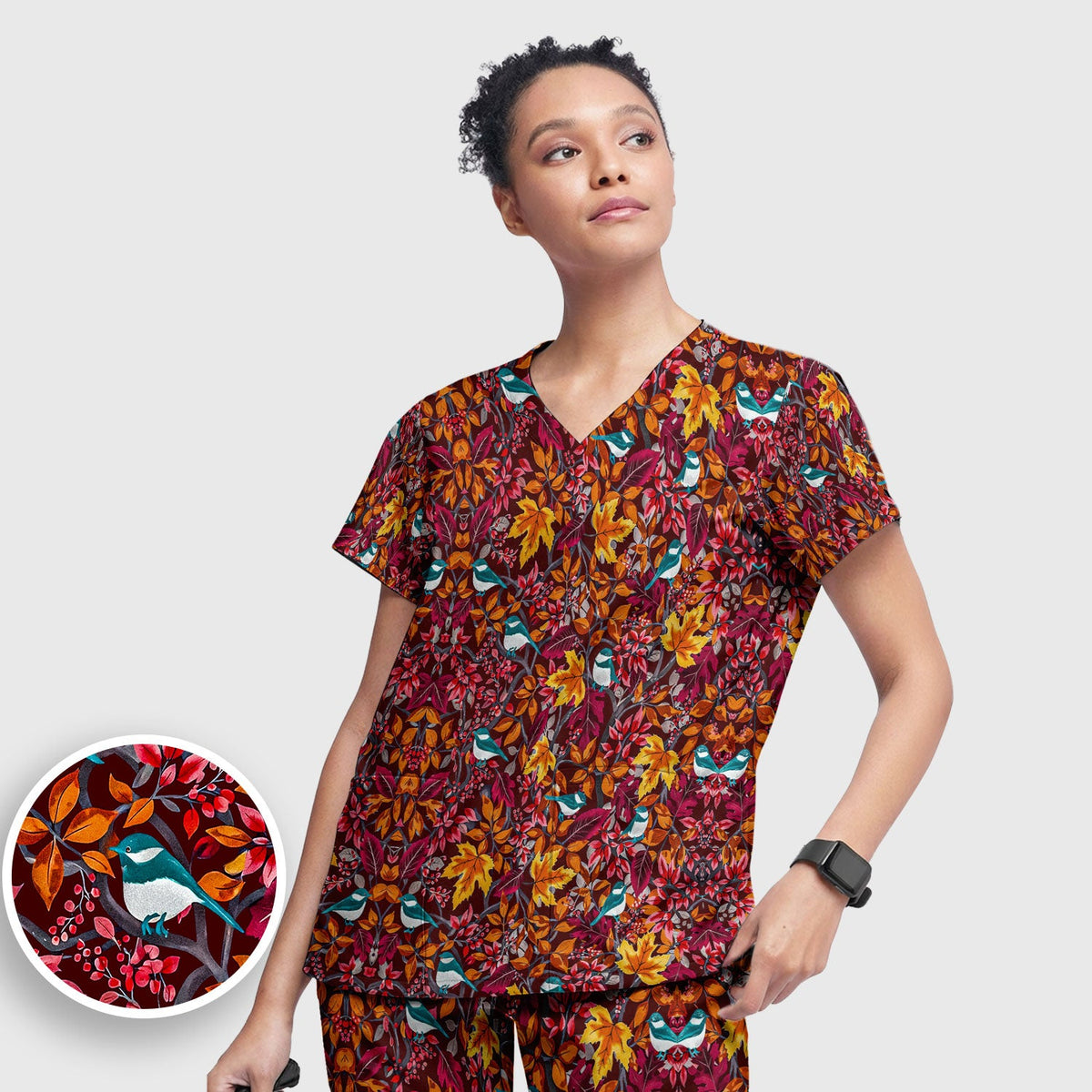 Autumn Leaves Blue Bird Nurse Scrub Set