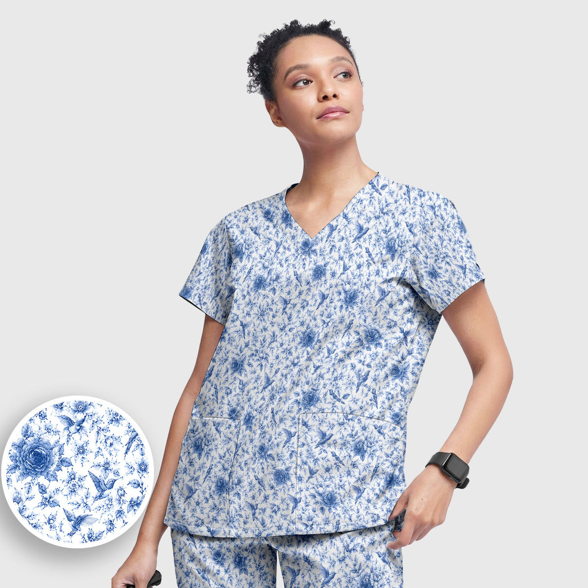 Blue Floral Hummingbird Toile Nurse Scrub Set