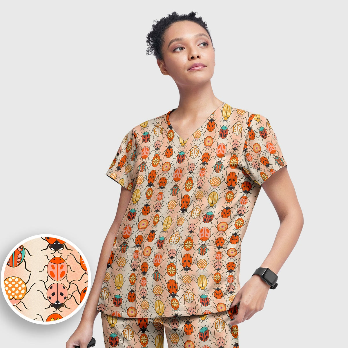 Ladybug Beetle Floral Nurse Scrub Set