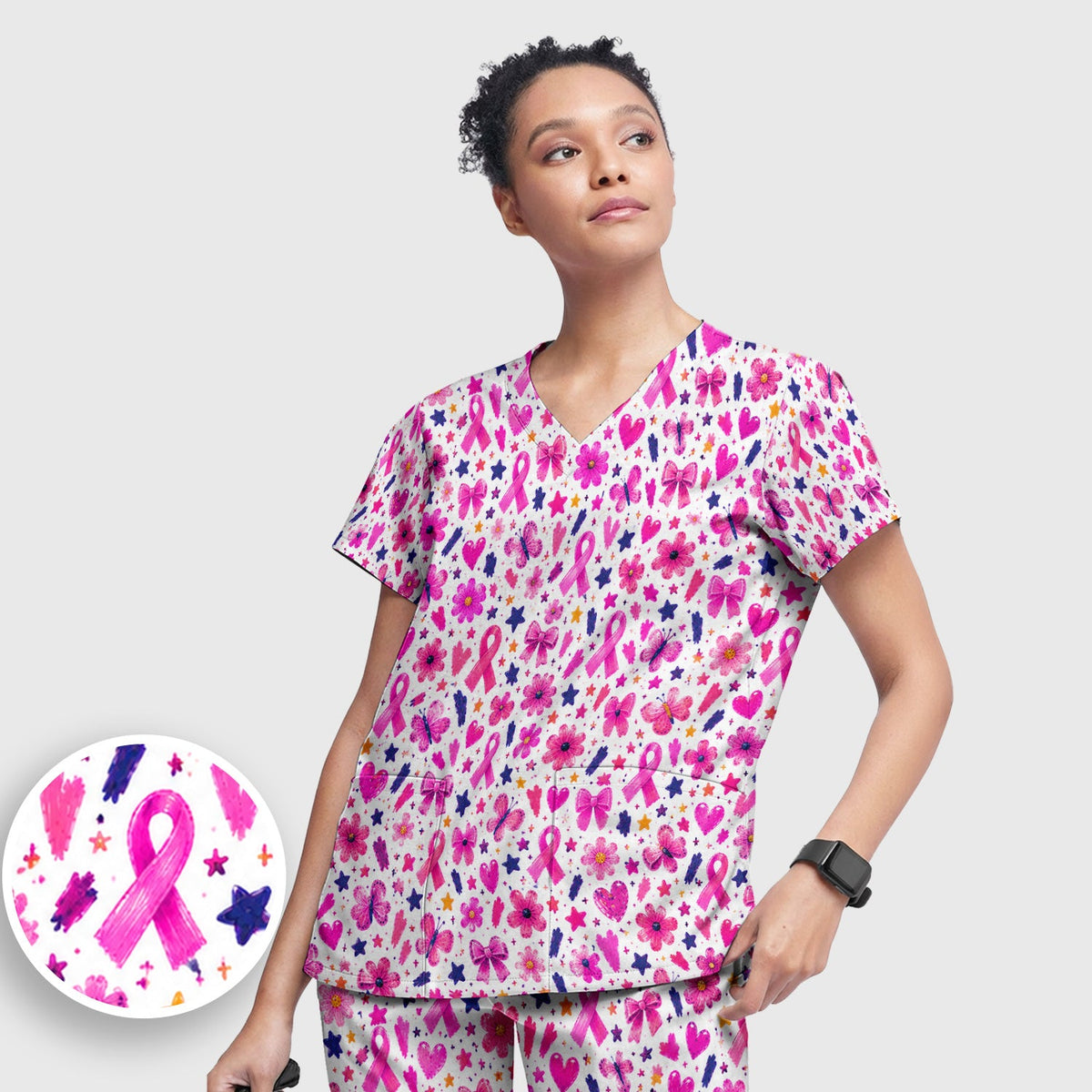 Pink Ribbon Floral Breast Cancer Nurse Scrub Set
