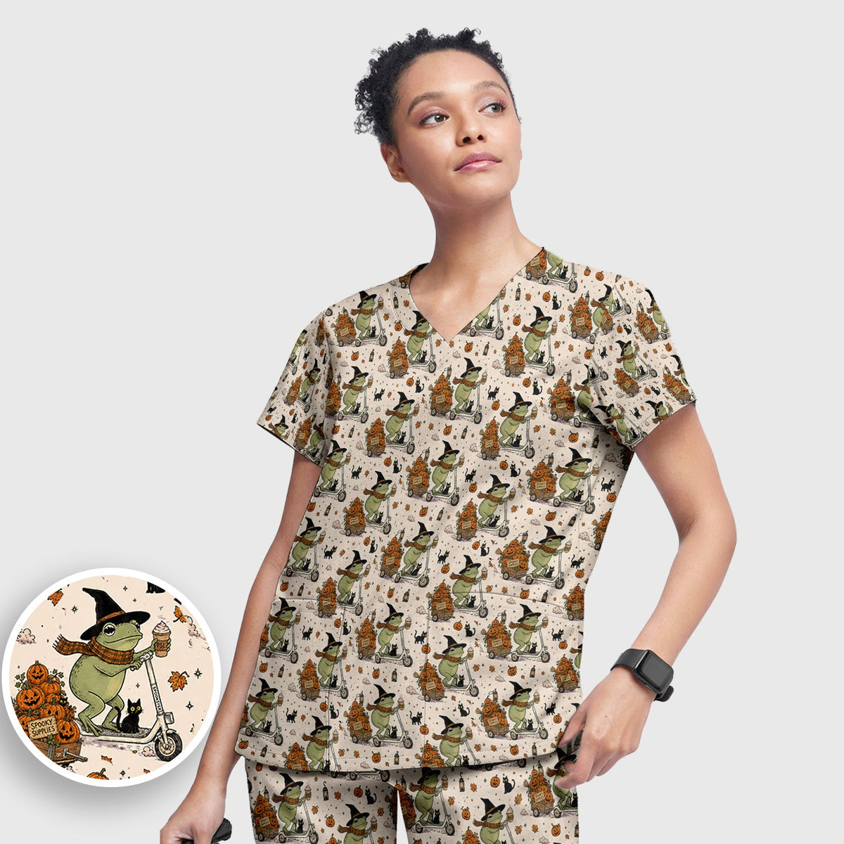 Halloween Witch Frog Pumpkins Nurse Scrub Set