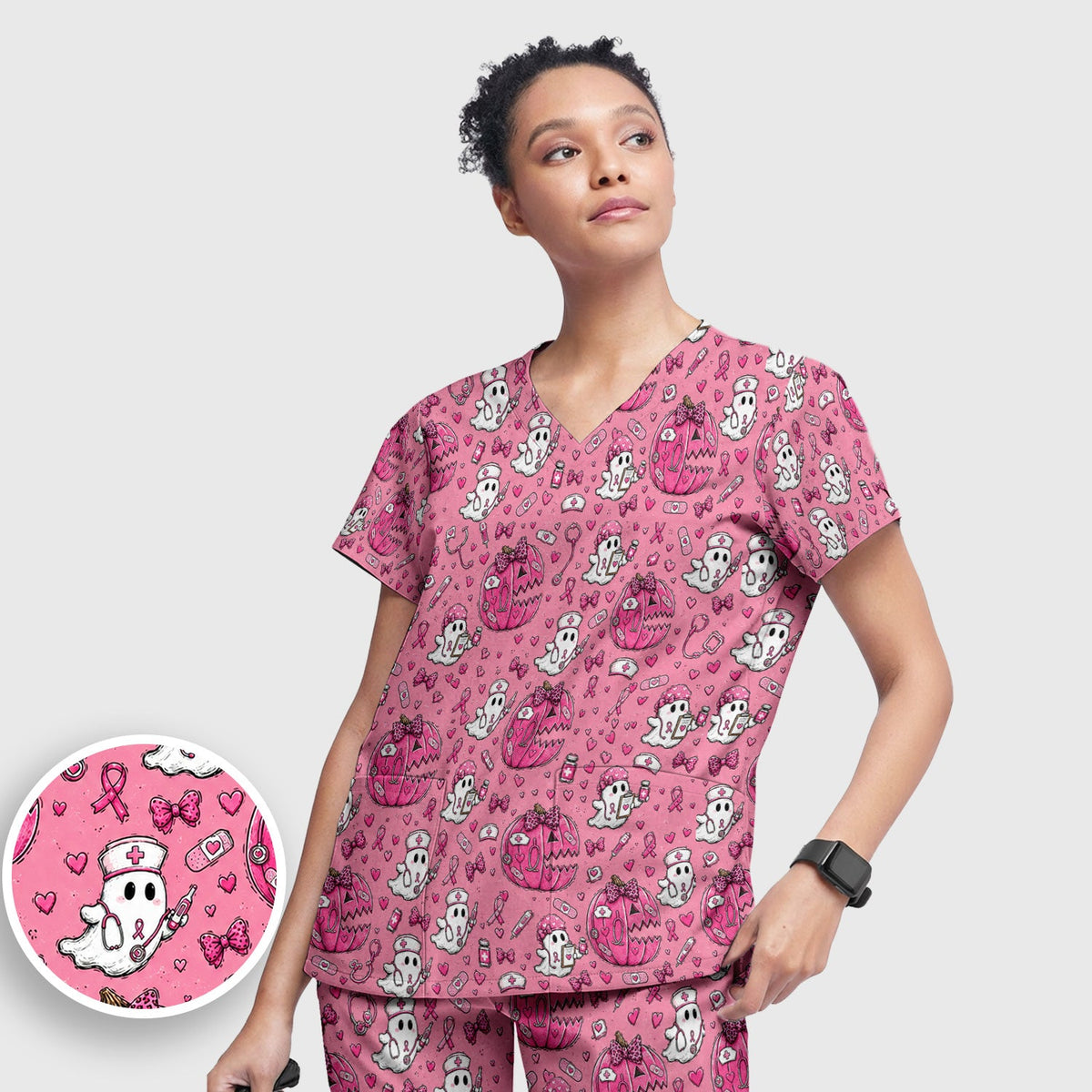 Pink Ribbon Ghost Pattern Nurse Scrub Set