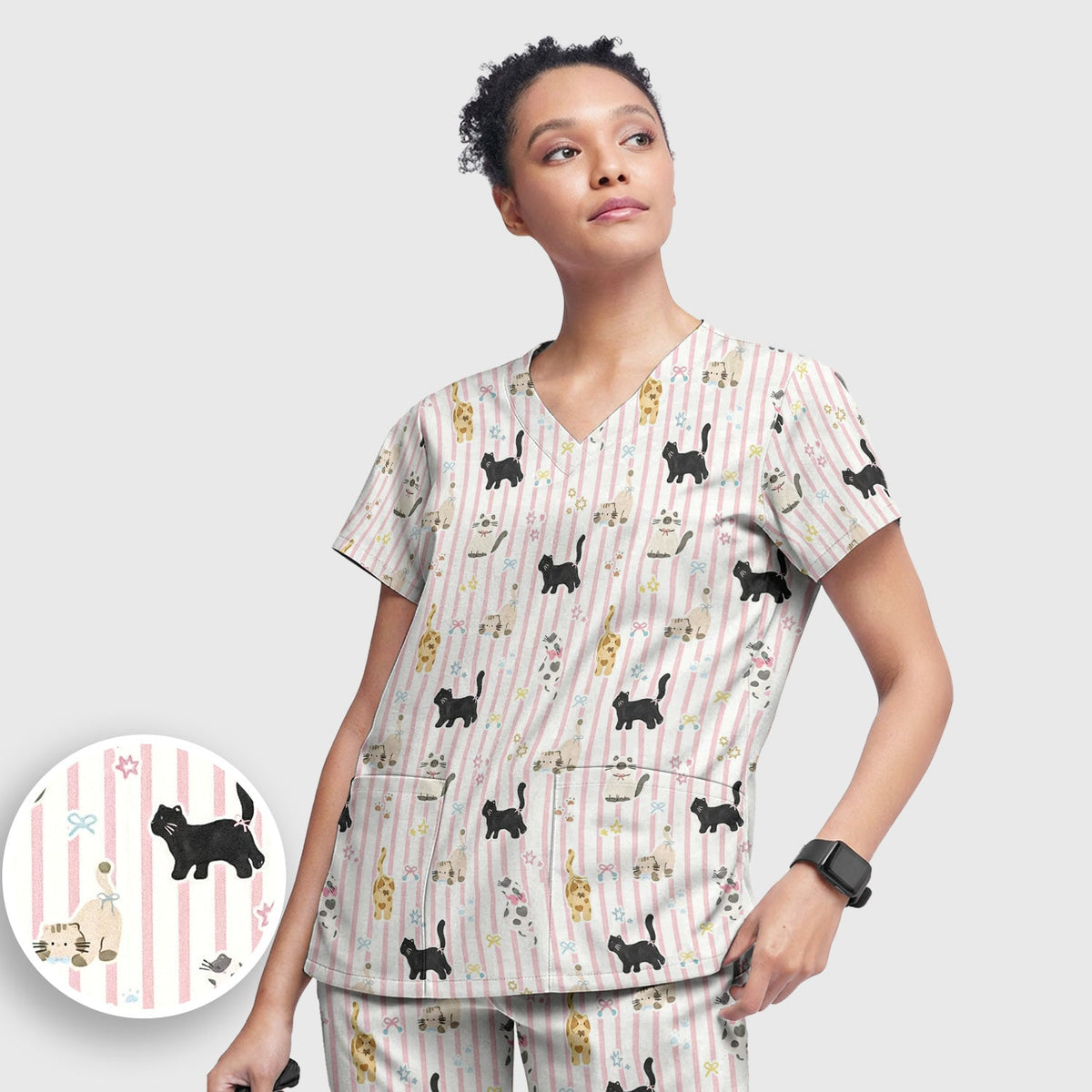 Playful Cat Stripe Ribbon Nurse Scrub Set