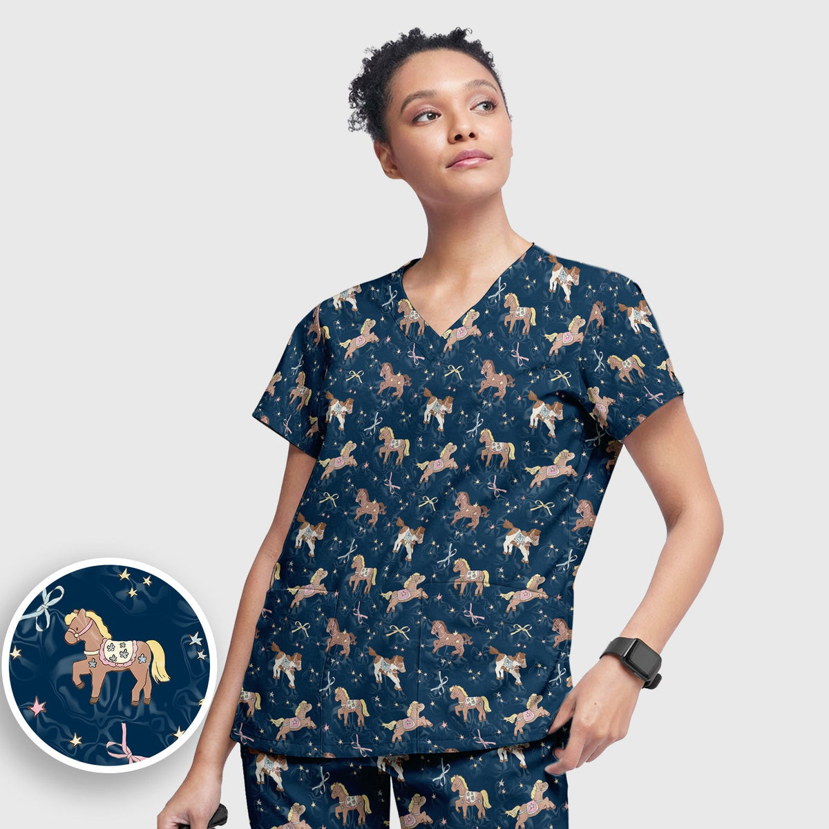 Cute Pony Star Pattern Scrub Set, Breathable Med Uniform