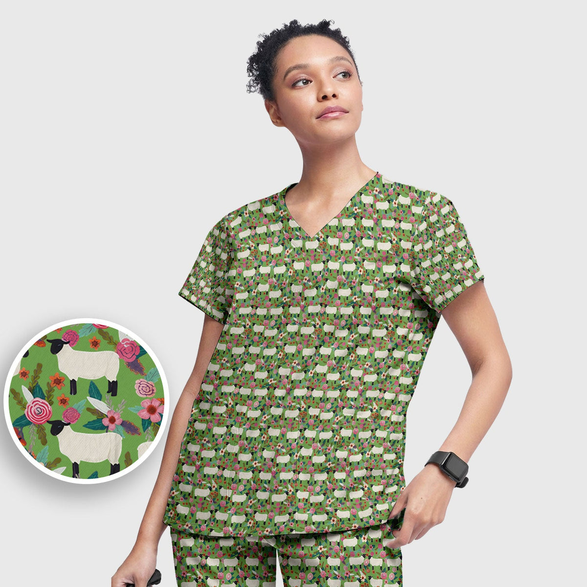 Sheep Floral Meadow Nurse Scrub Set