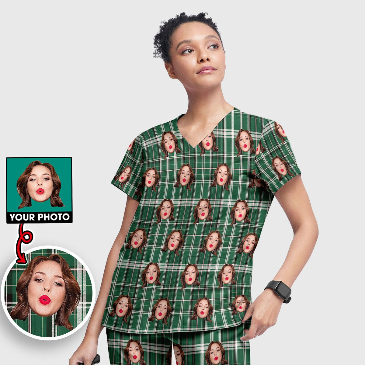 Personalized Photo Plaid Nurse Scrub Set