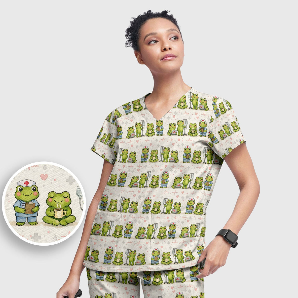 Adorable Frog Various Poses Nurse Scrub Set