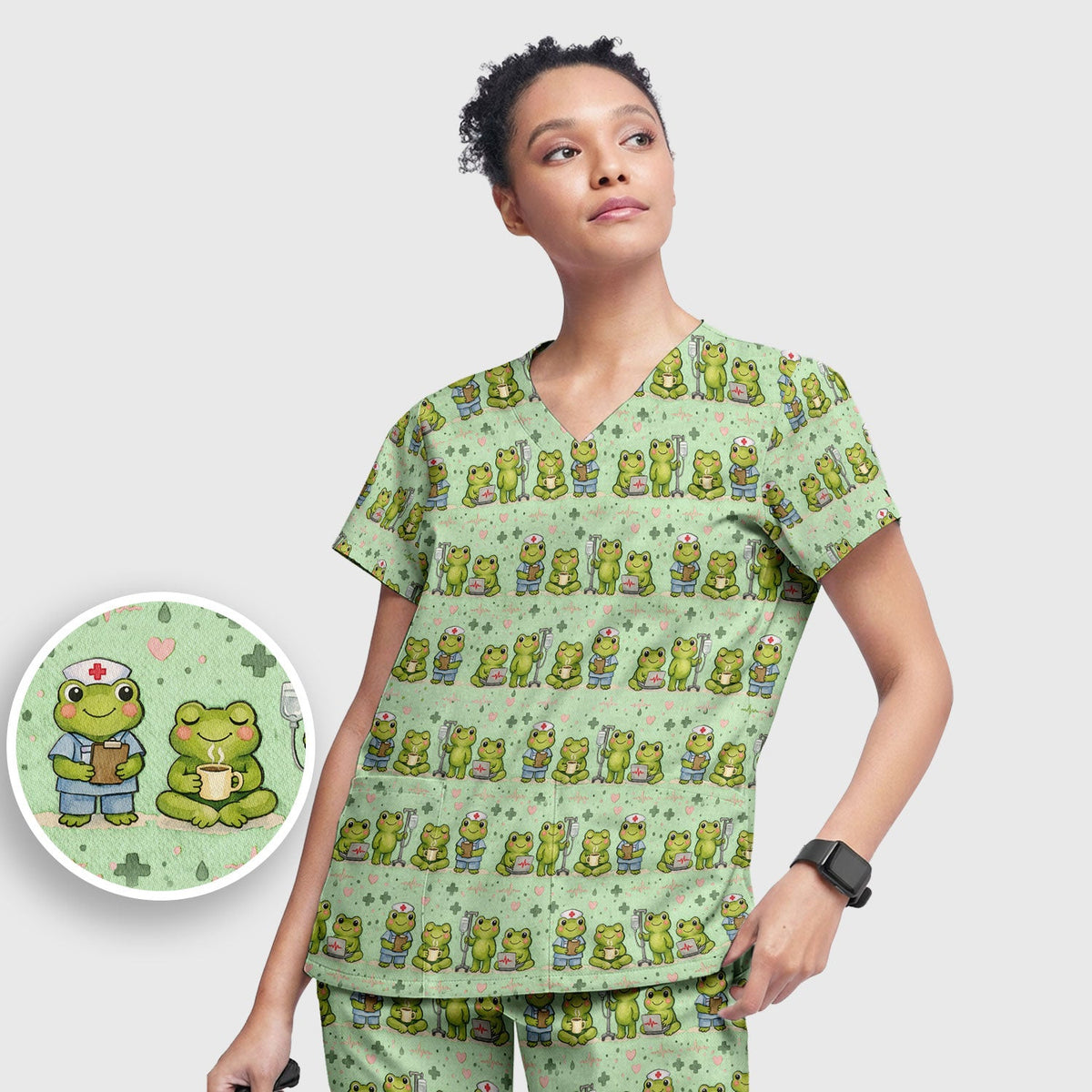Adorable Frog Various Poses Nurse Scrub Set